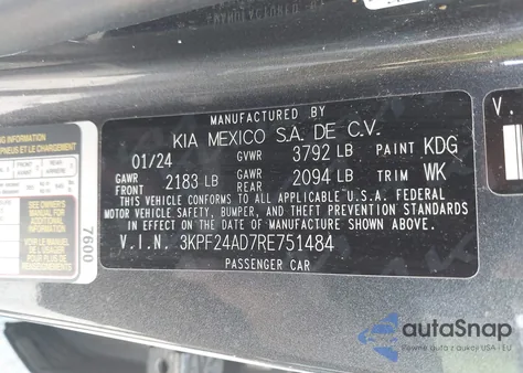 2024 Kia Forte Lx from USA, damaged, VIN 3KPF24AD7RE751484
